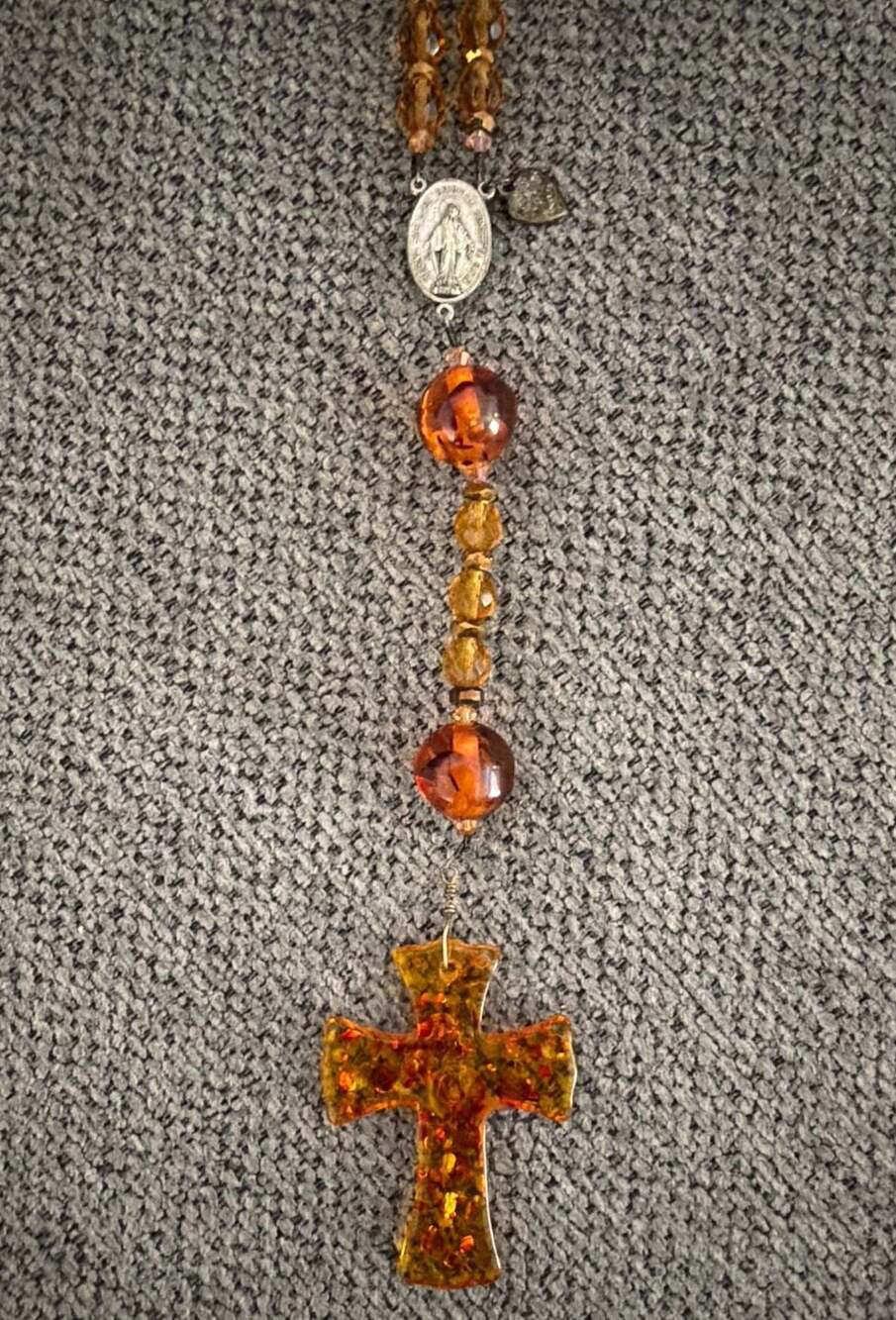Handmade Amber Faceted Glass Rosary– Large Amber Cross– Miraculous Medal